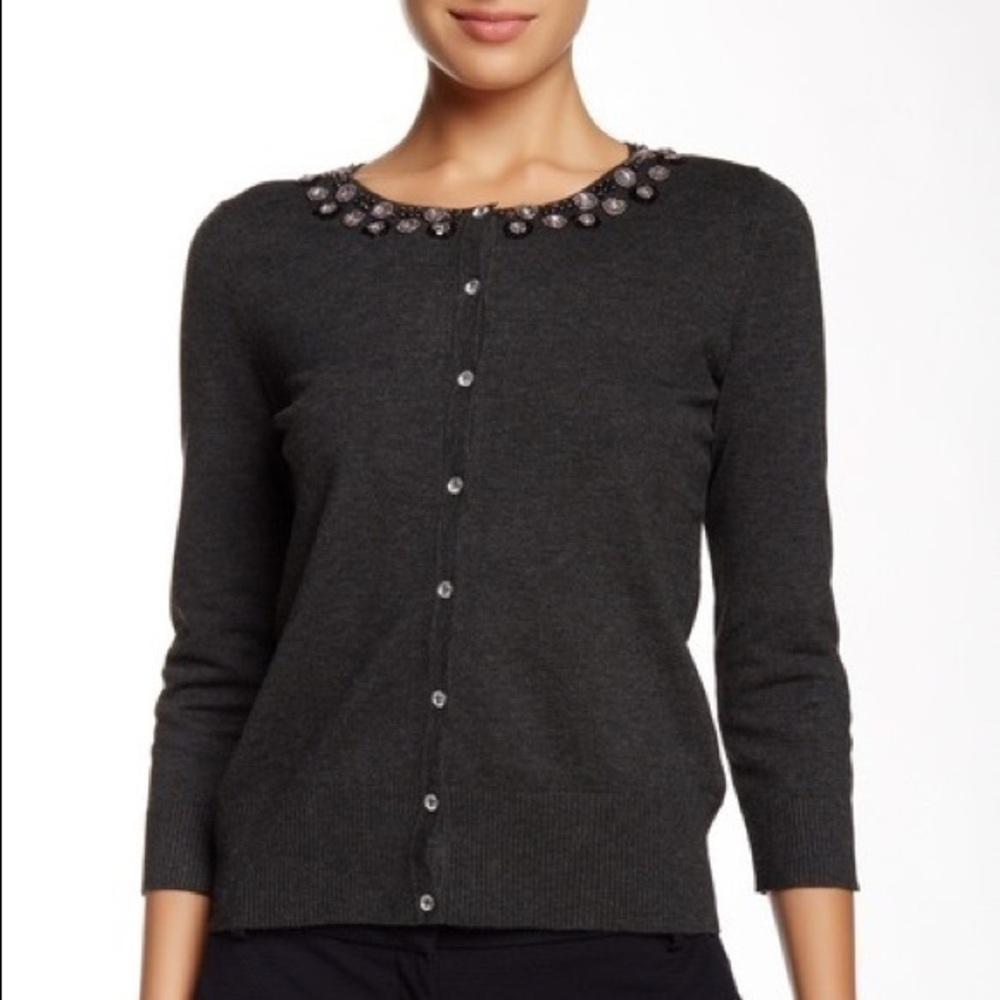 Cable & Gauge Gray Cardigan Embellished Neckline NEW!